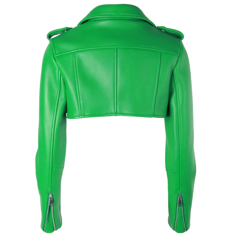 Cropped Green Leather Biker Jacket