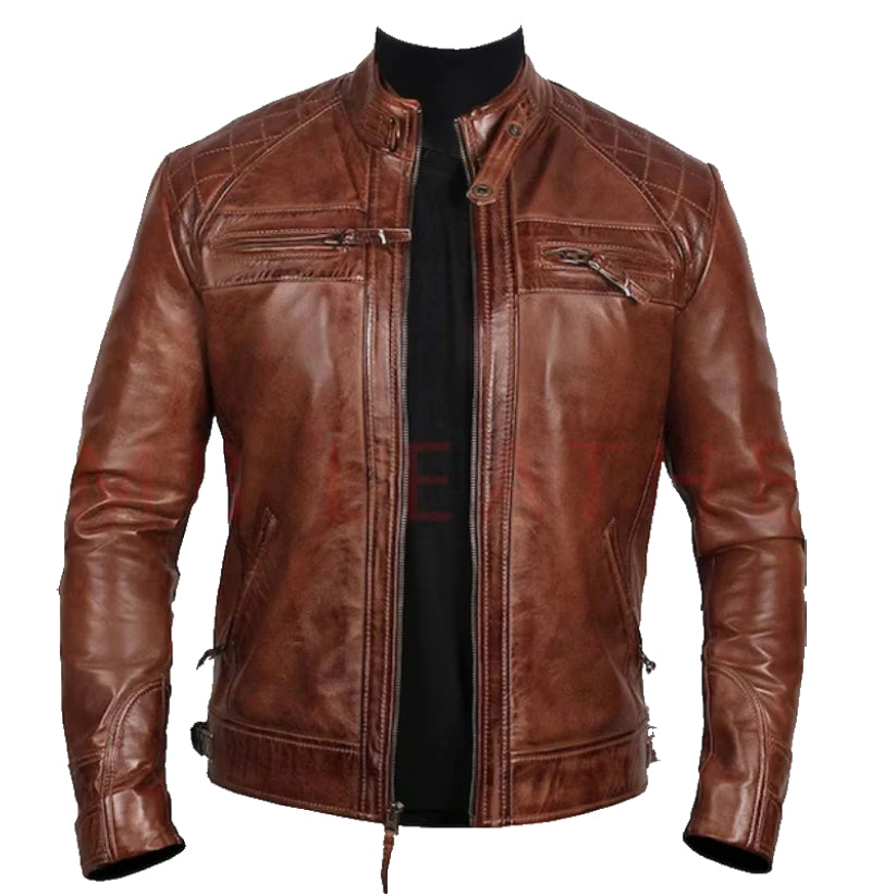 Distressed Biker Leather Jacket Men's