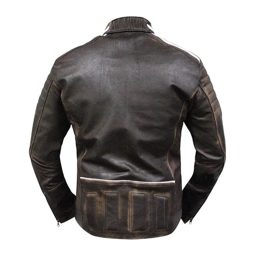 Distressed Brown Striped Biker Leather Jacket