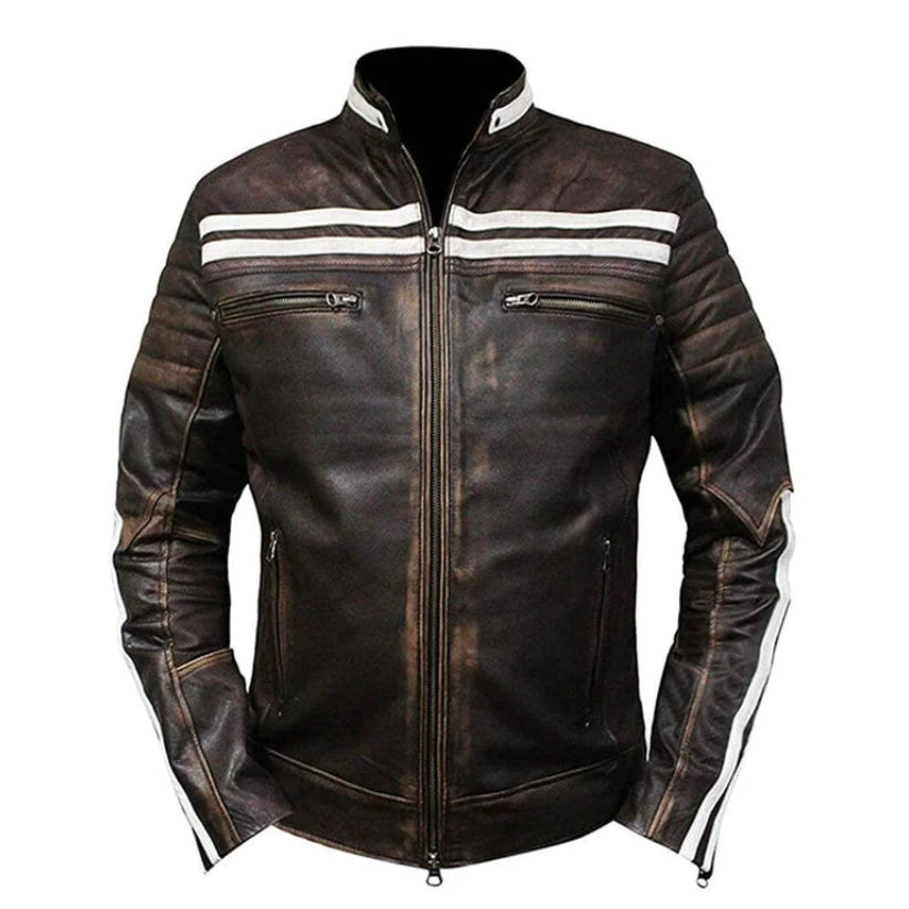 Distressed Brown Striped Biker Leather Jacket