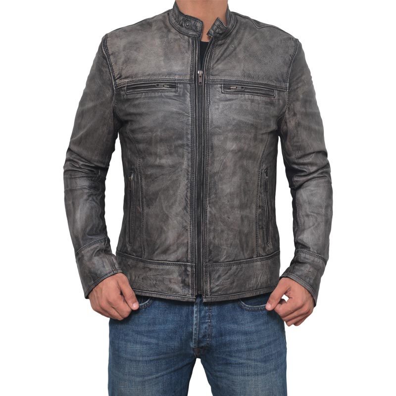 Distressed Dark Leather Grey Jacket