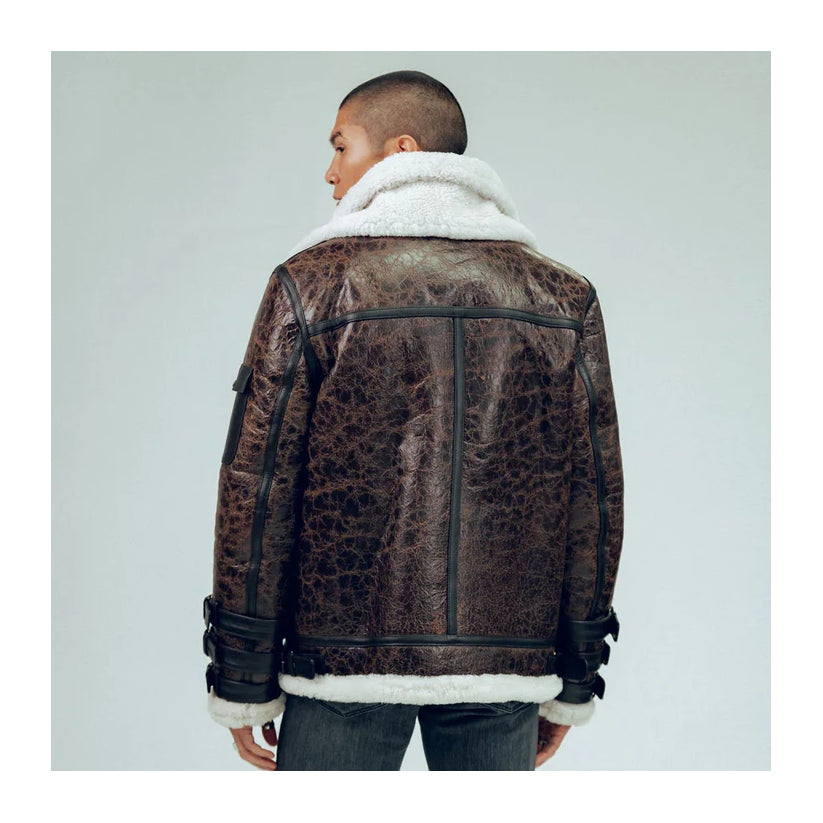Double Tone Brown Shearling Aviator Leather Jacket