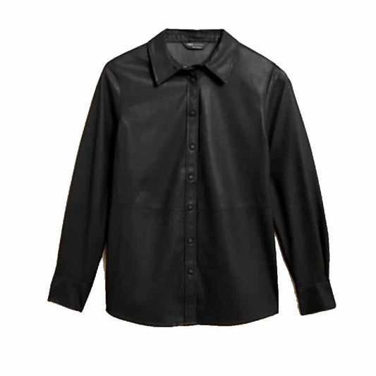 Faux Leather Collared Long Sleeve Shirt