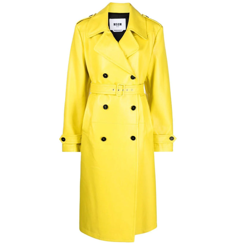 Faux Leather Long Trench Coat In Yellow