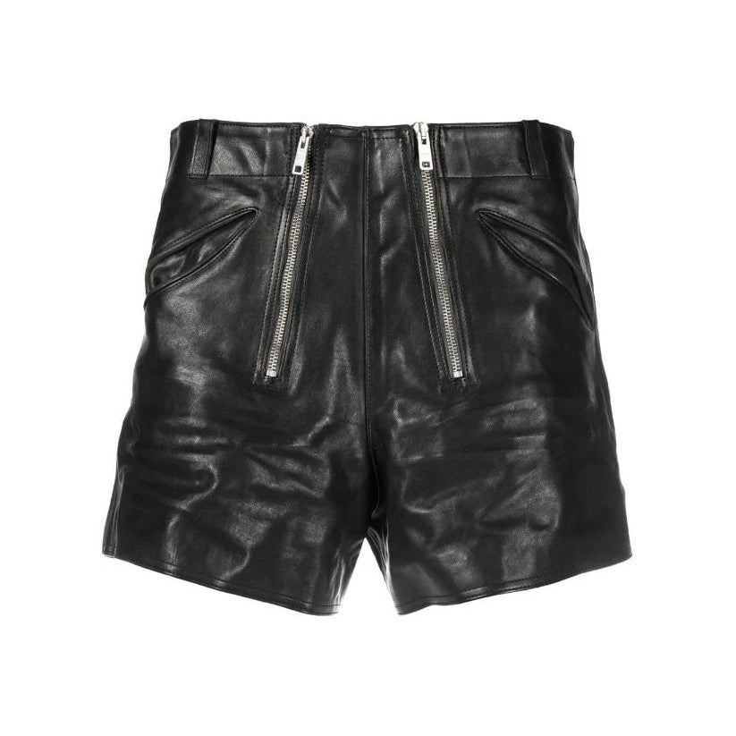 Front-Zip Black Leather Shorts