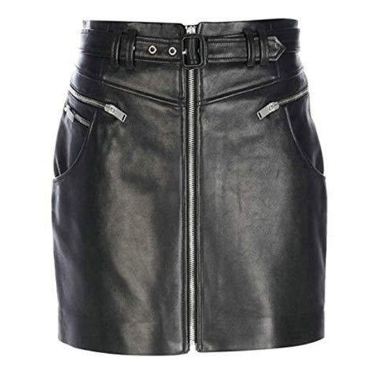 Genuine Lambskin Leather Women Upper Knee Skirt Front Zip Pockets
