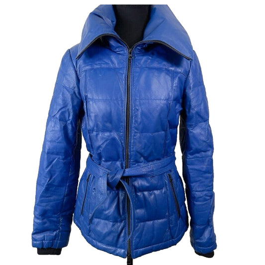 Genuine Leather Belted Blue Puffer Down Jacket