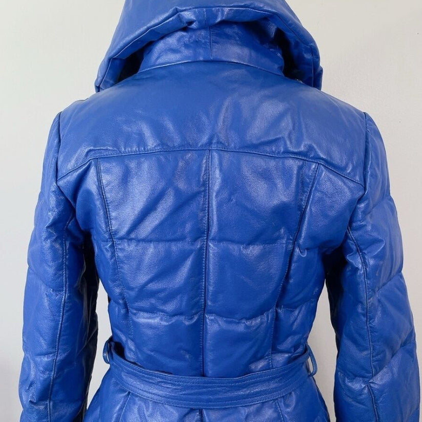 Genuine Leather Belted Blue Puffer Down Jacket