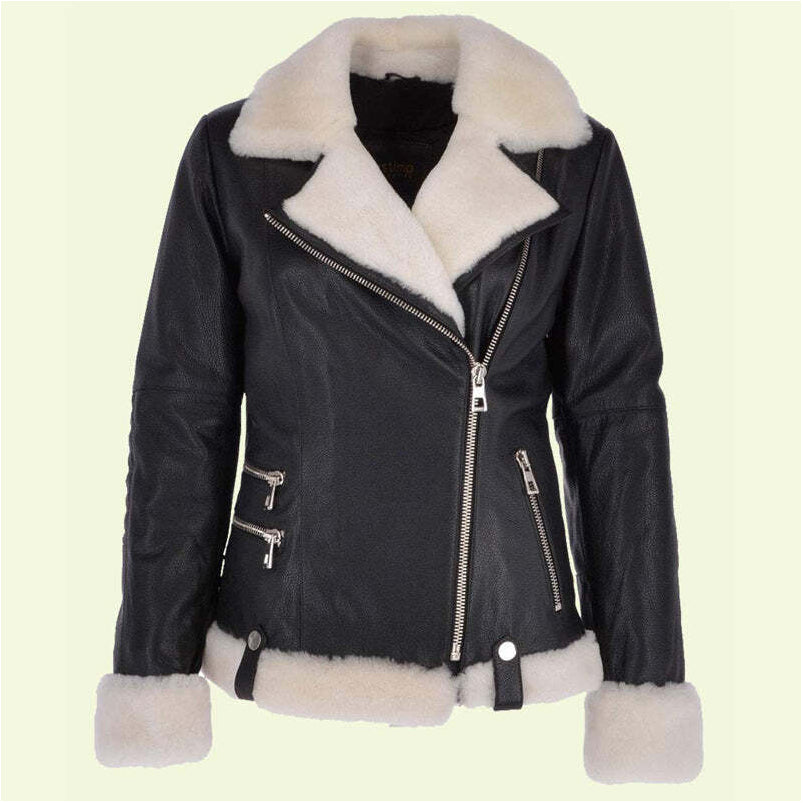 Genuine Leather Women’s Biker Jacket Fur Collar and Cuffs Aviator Black Color