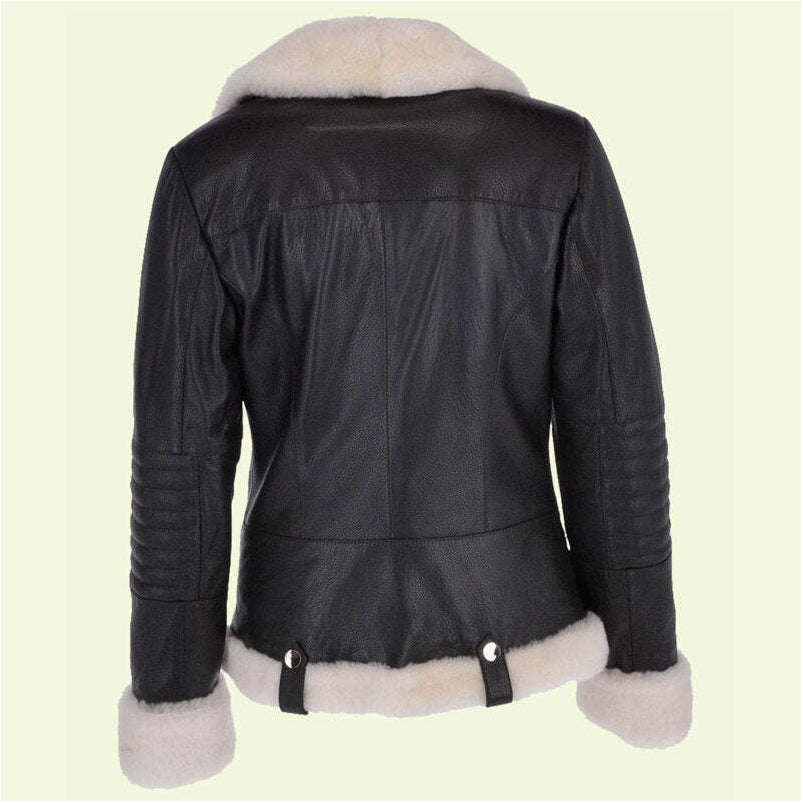 Genuine Leather Women’s Biker Jacket Fur Collar and Cuffs Aviator Black Color