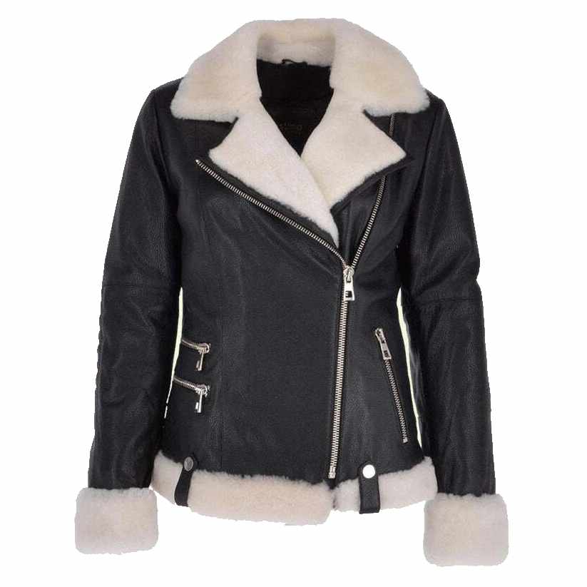Genuine Leather Women’s Biker Jacket Fur Collar and Cuffs Aviator Black Color