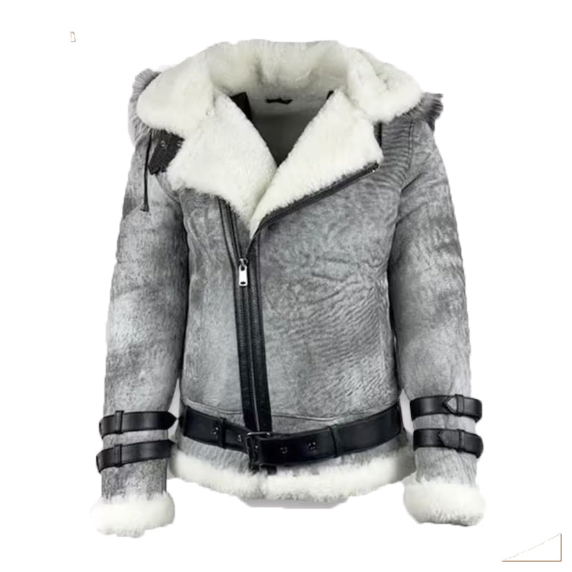 Handmade Grey Shearling Bomber Jacket