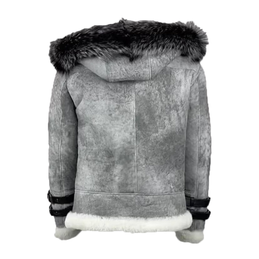 Handmade Grey Shearling Bomber Jacket