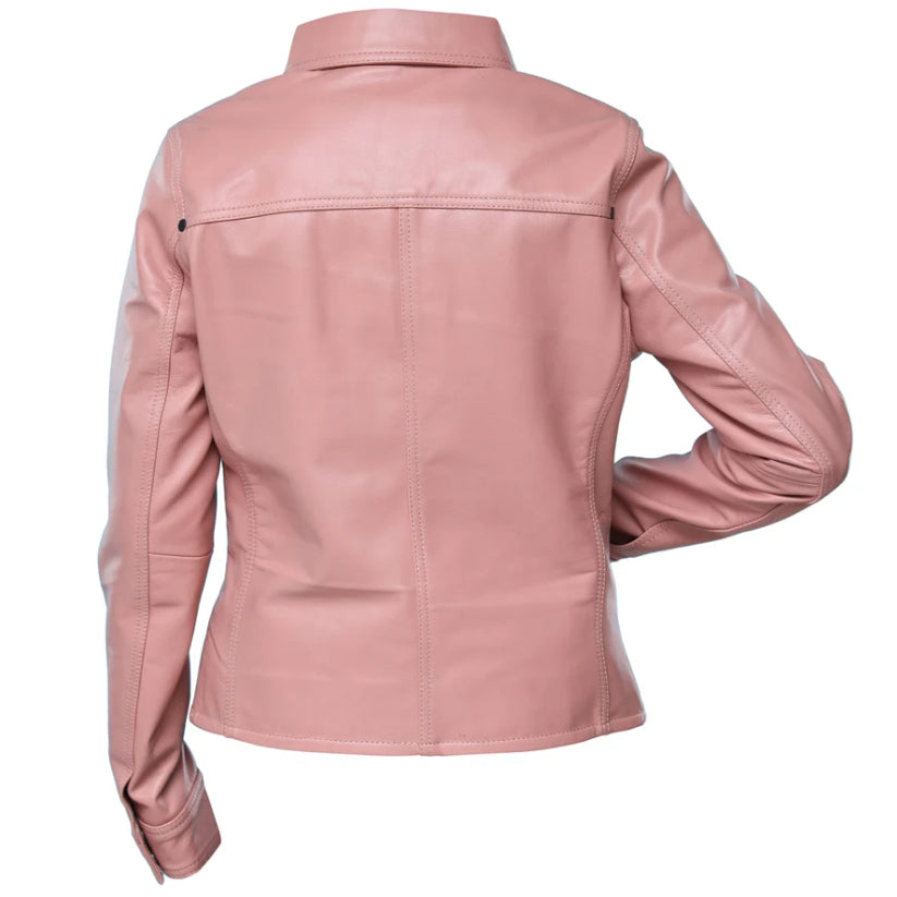 Handmade Leather Jacket for Women Barbie Pink Color Shirt
