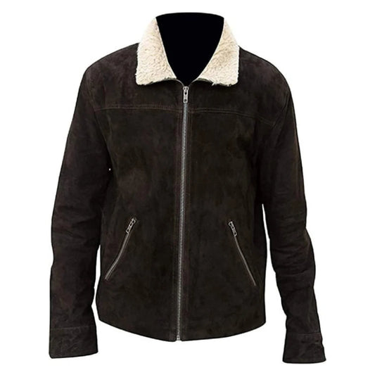 Handmade Rick Grimes Fur Collar Walking Dead Brown Real Suede Leather Jacket
