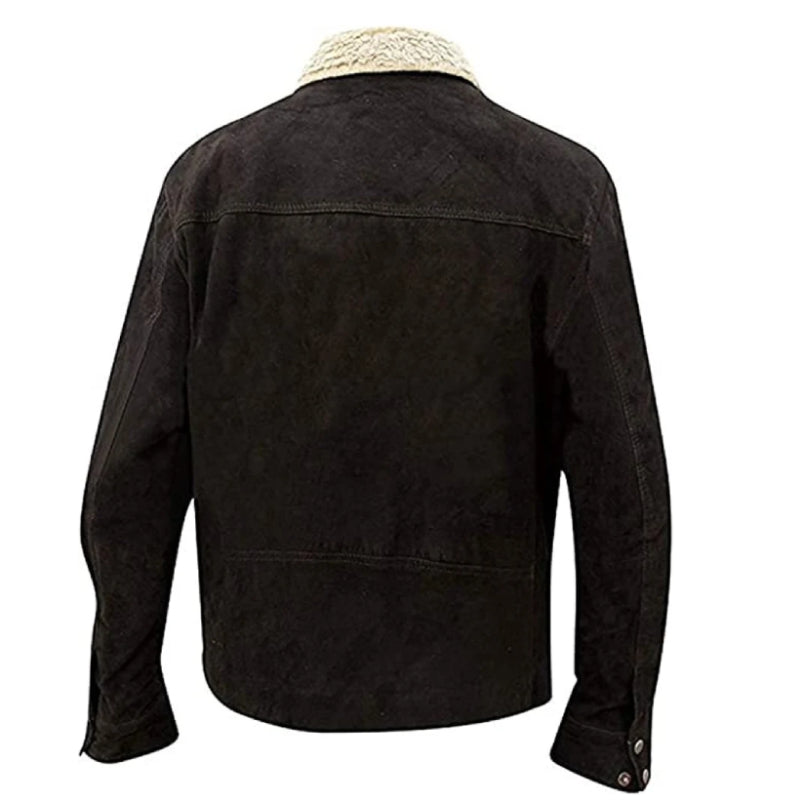 Handmade Rick Grimes Fur Collar Walking Dead Brown Real Suede Leather Jacket