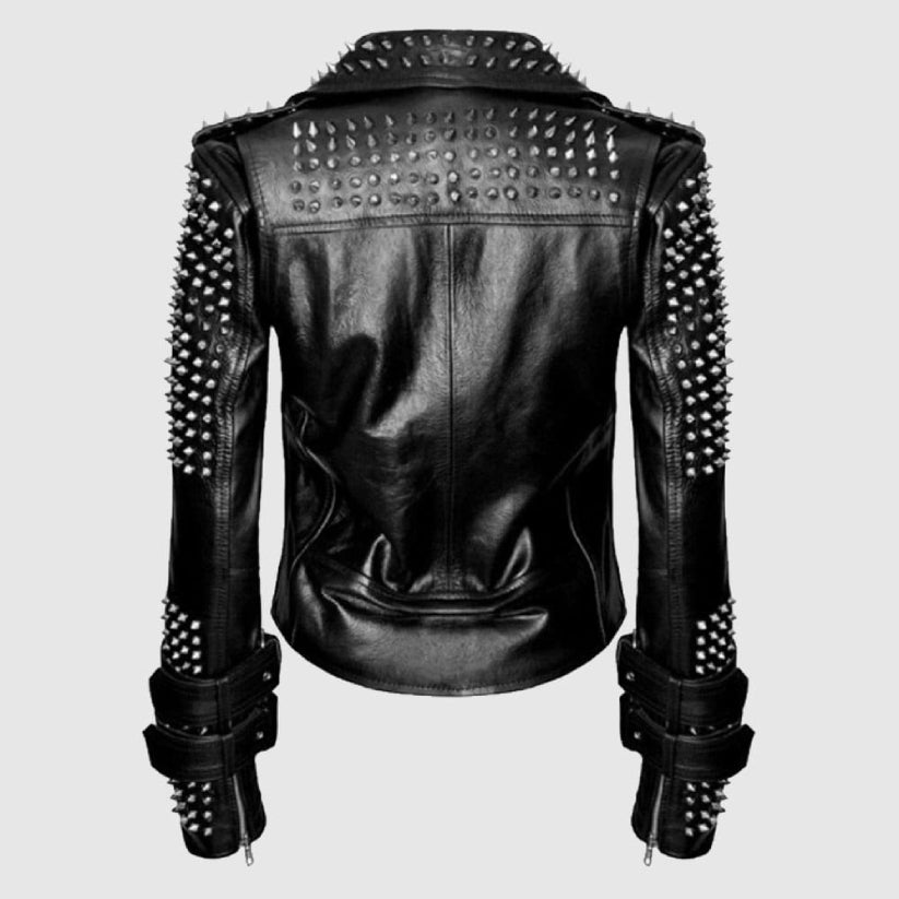 Handmade Women Black Punk Silver Spiked Studded Leather Jacket
