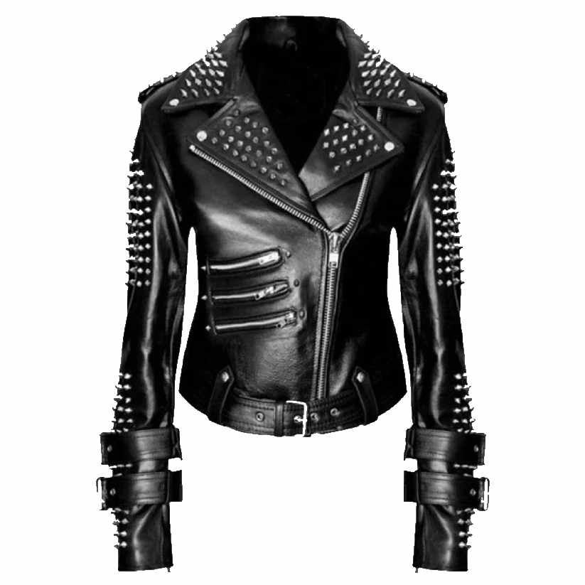 Handmade Women Black Punk Silver Spiked Studded Leather Jacket