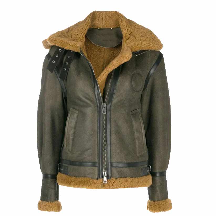 Khaki Green Shearling Aviator Coat