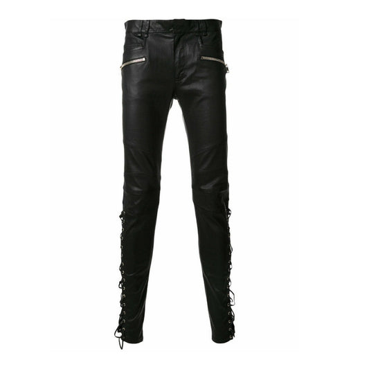 Laced Detailed Men Leather Pants Moto Style