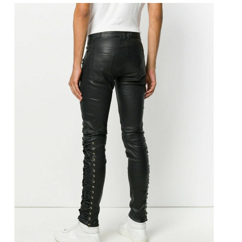 Laced Detailed Men Leather Pants Moto Style