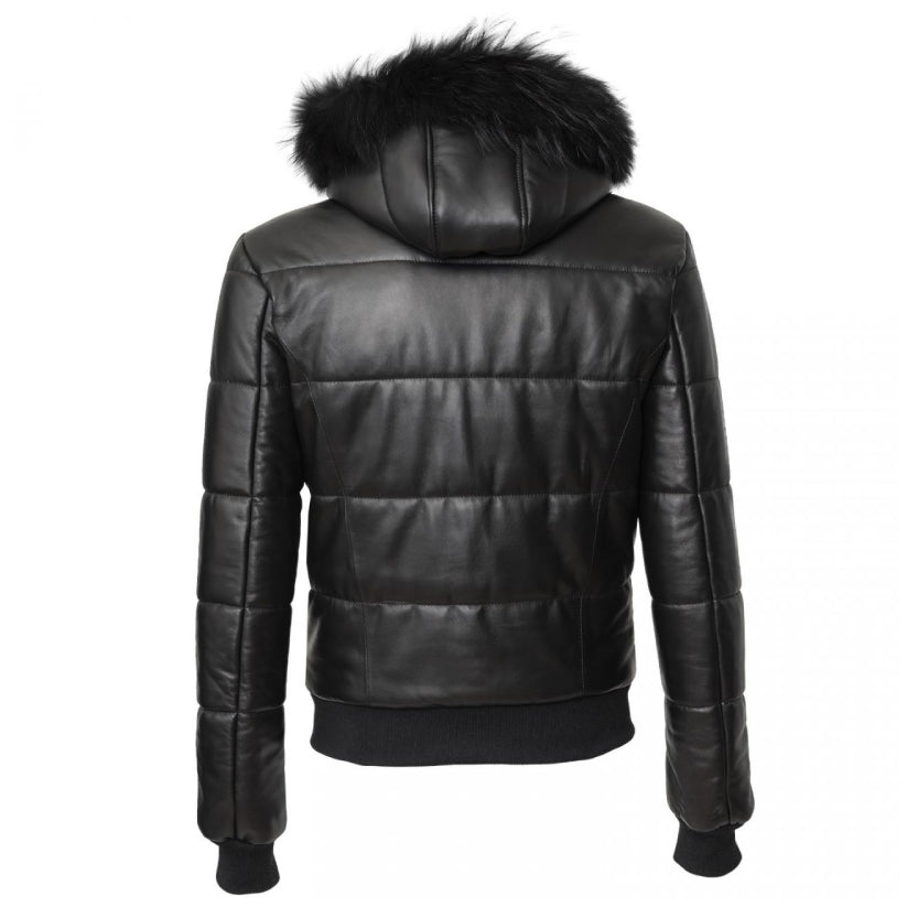 Lack Leather Winter Puffer Jacket with Hood and Fur