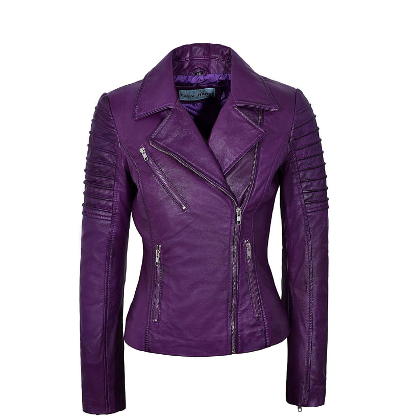 Ladies Leather Jacket Purple Designer Fashion Leather Biker Jacket