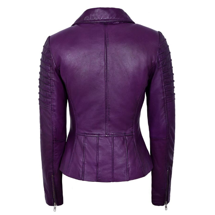 Ladies Leather Jacket Purple Designer Fashion Leather Biker Jacket