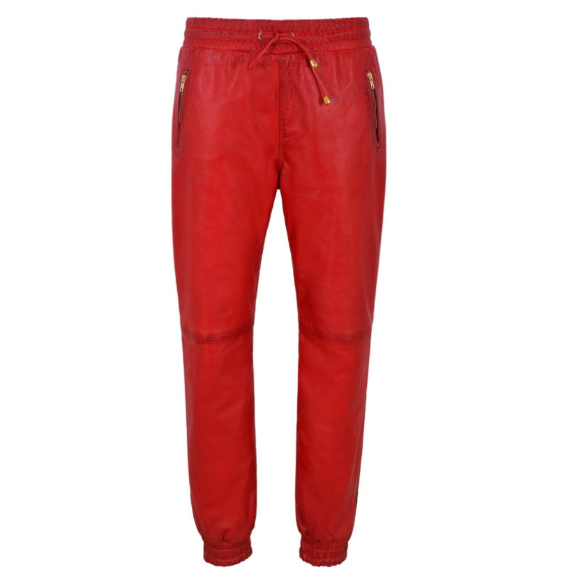 Ladies Leather Trousers Soft Red Napa Sweat Track Pants