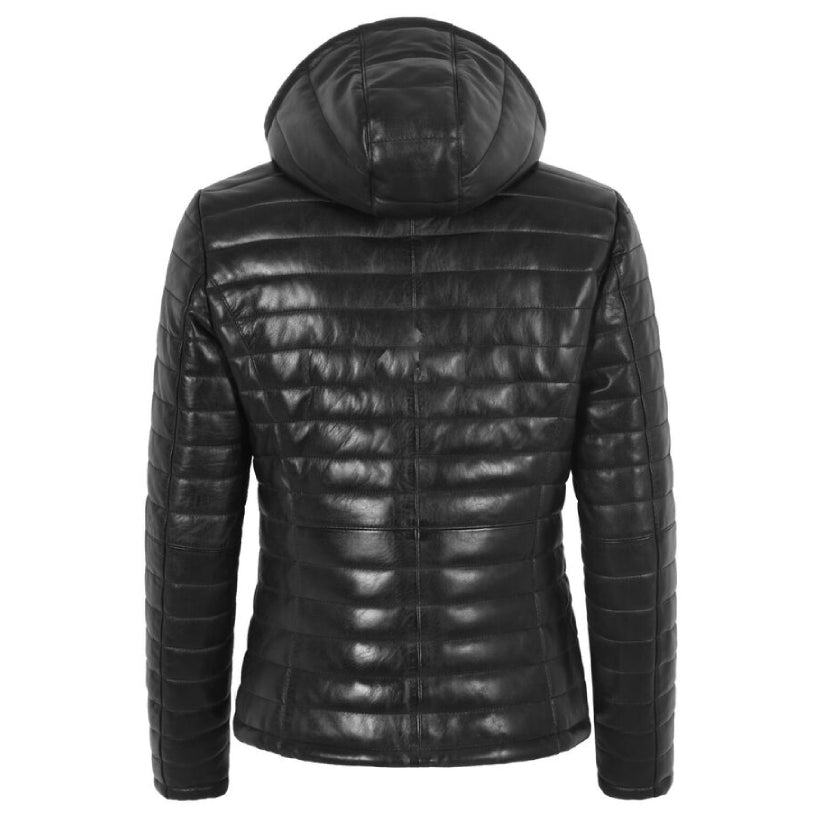 Ladies Puffer Hooded Leather Jacket