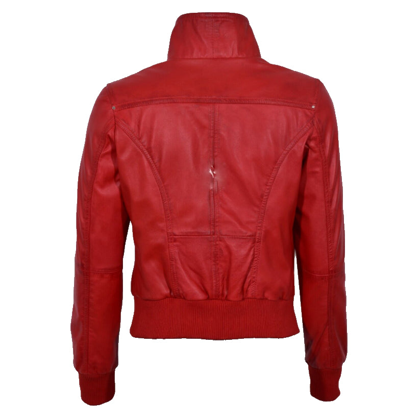 Ladies Real Leather Bomber Jacket Red Short Slim Fit Casual