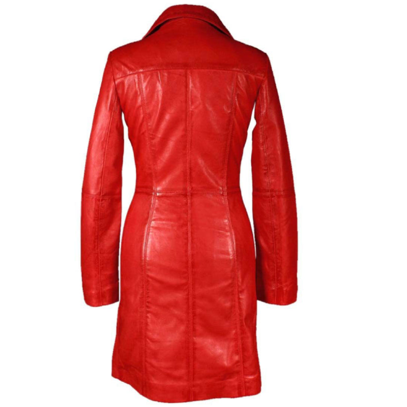 Ladies Red Cow Leather Steampunk Style Trench Coat