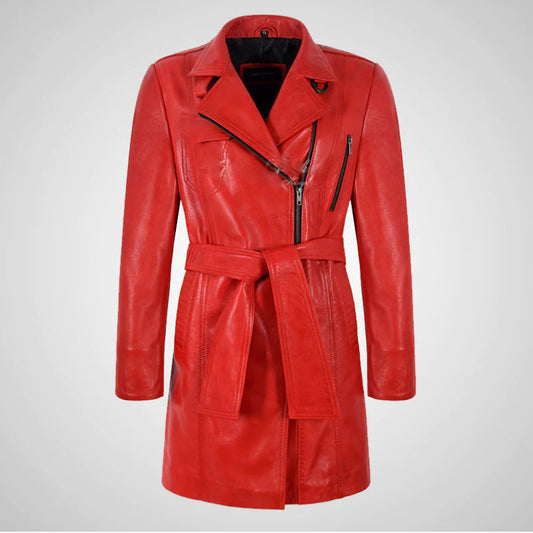 Ladies Red Leather Trench Coat with Belt
