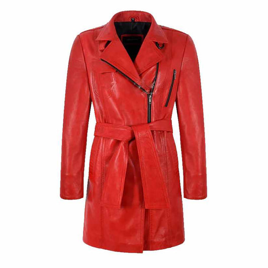 Ladies Red Leather Trench Coat with Belt