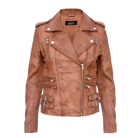 Ladies Retro 100% Nappa Real Leather Biker Jacket Tan Soft