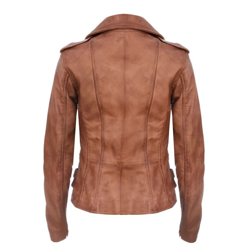 Ladies Retro 100% Nappa Real Leather Biker Jacket Tan Soft