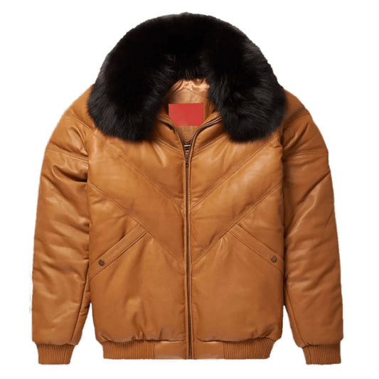 Lambskin V-Bomber Camel Brown Leather Jacket For Men with Fox Fur Collar