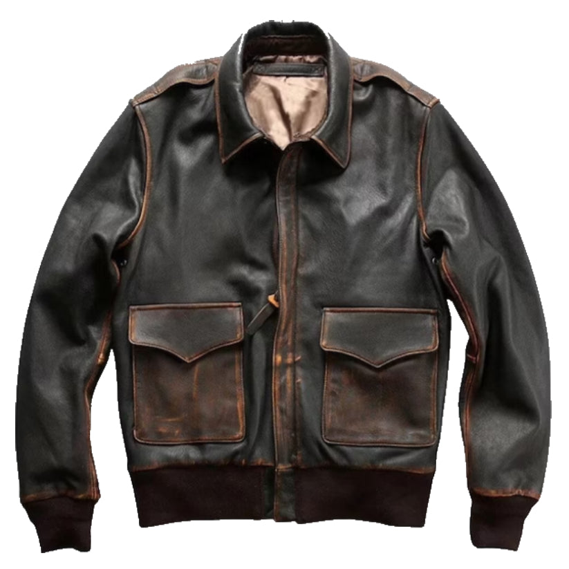 Leather Jacket, Men Brown Bomber Aviator Distressed Military Jacket