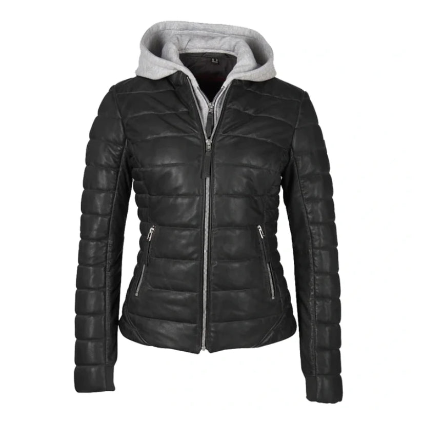 Leather Puffer Jacket with Removable Hood