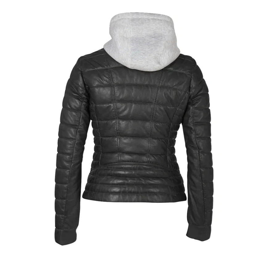 Leather Puffer Jacket with Removable Hood