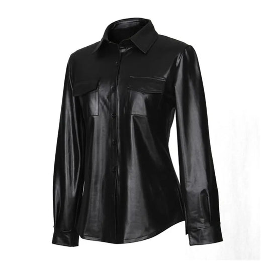 Leather Tees Women Sexy Long Sleeves Buttons Womens