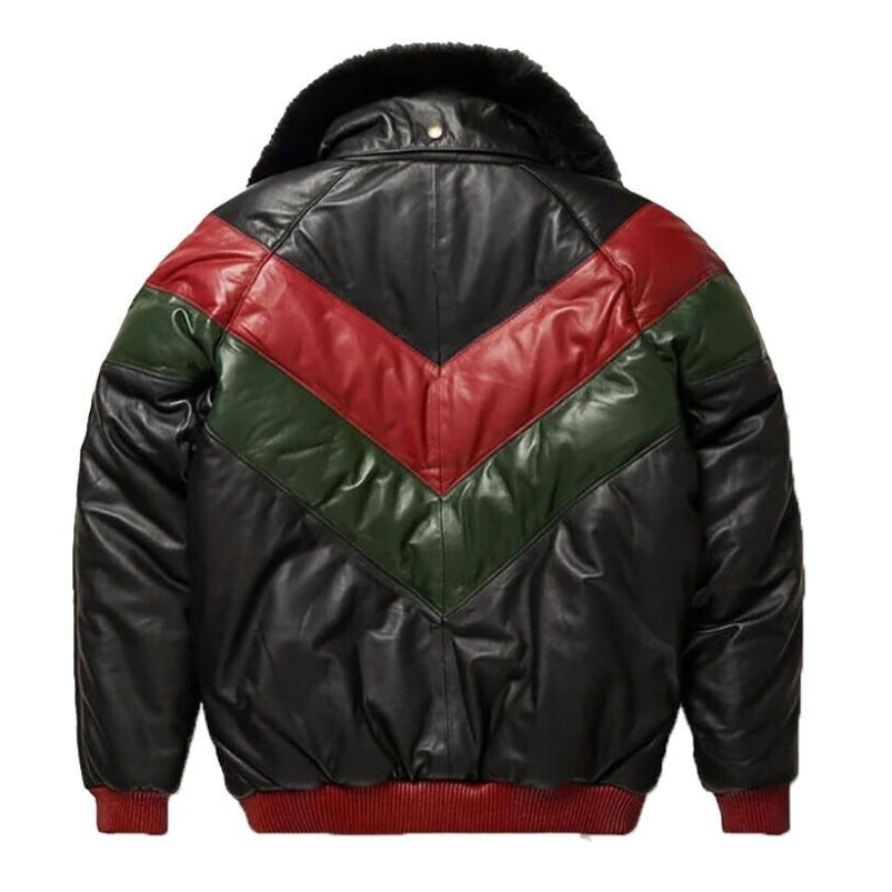 Leather V Bomber Fur Collar Jacket Red Green Black with Black Fox Fur