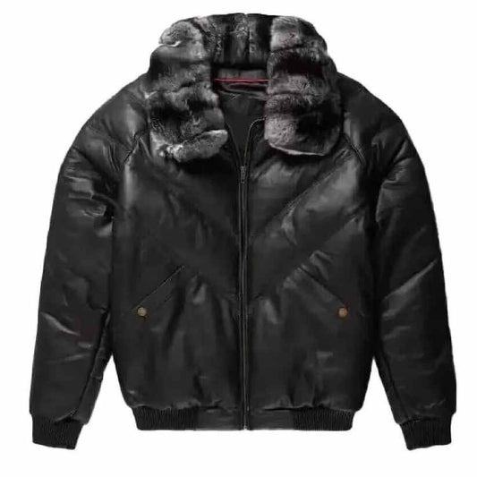 Leather v Bomber Jacket Black with Black Fur