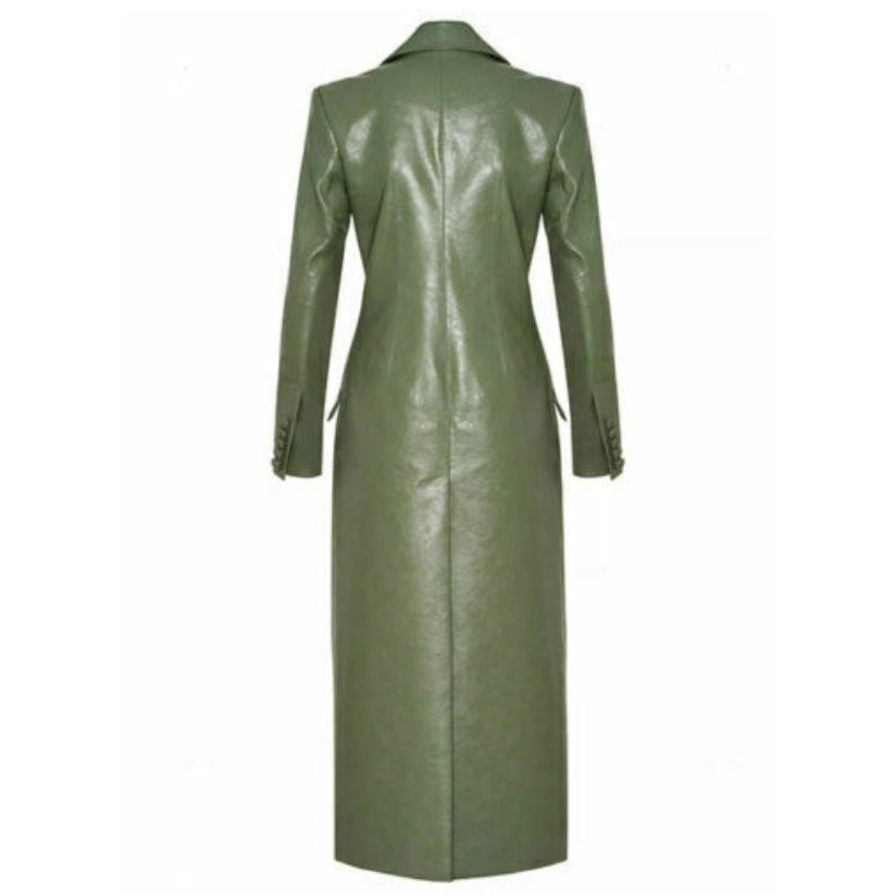 Luxury Women's Green Leather Trench Coat Pure Sheepskin Leather Long Coat