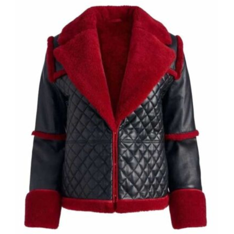 Luxury Women’s Shearling Black Leather Jackets Aviator Style Sheepskin Jacket