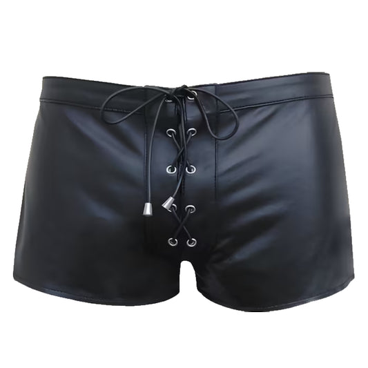 Man Real Lambskin Leather Handmade Black Lace Up Style Boxer Beach Swimmer Shorts