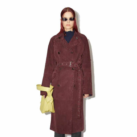 Maroon Suede Leather Long Trench Coat