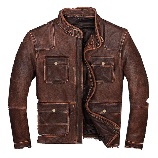 Men Biker Cafe Racer Vintage Motorcycle Distressed Brown 4 Pocket Leather Jacket