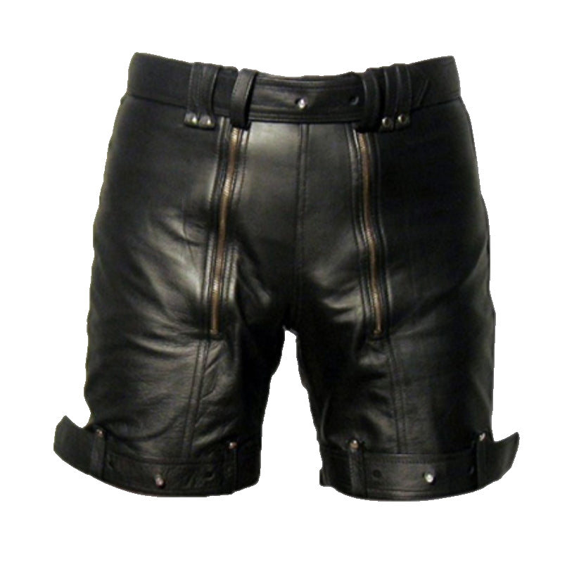 Men Black Cowhide Leather Shorts