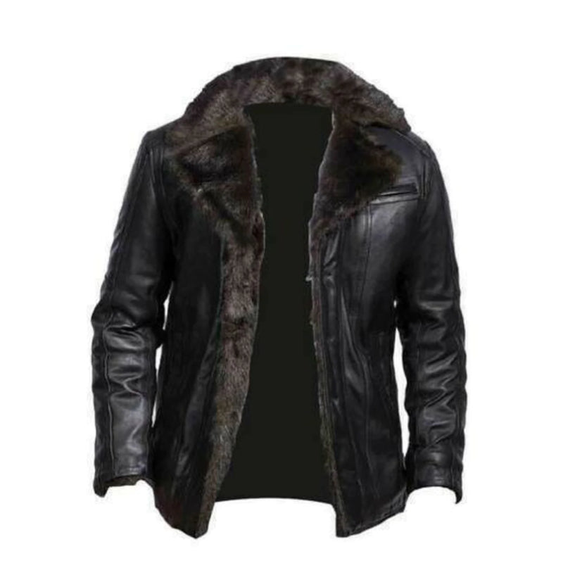 Men Black Genuine Sheepskin Leather Jacket with Shearling